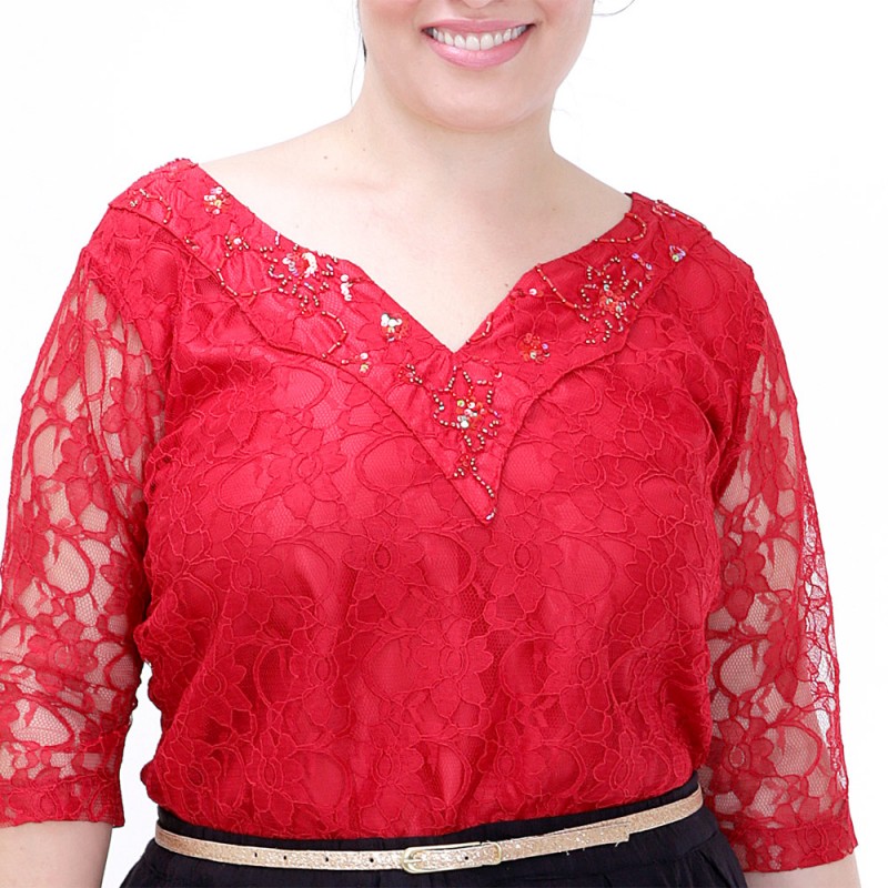 Blusa Red Renda Decote Bordado Plus Size 