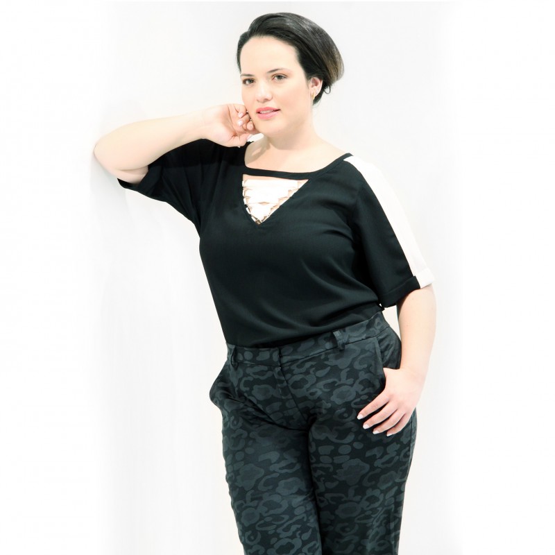 Calça Jacquard Preto Plus Size