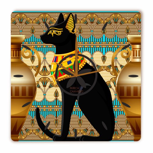 Relógio Gato Preto Egípcio Quadrado