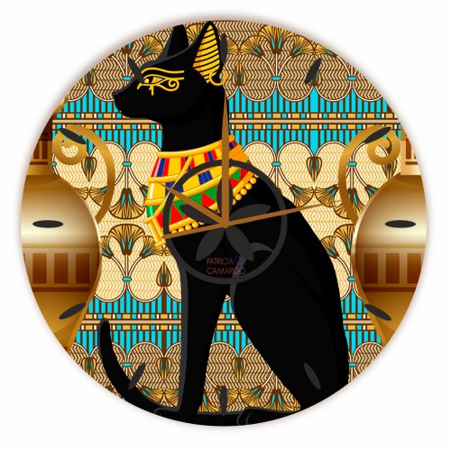 Relógio Gato Preto Egípcio Redondo
