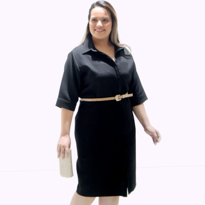 Vestido Chemisier Piquet Preto Plus Size