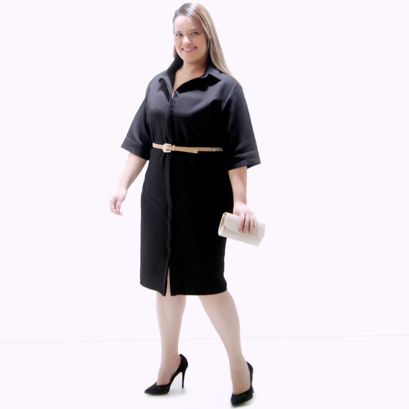 Vestido Chemisier Piquet Preto Plus Size