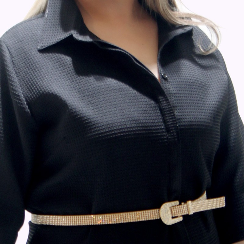 Vestido Chemisier Piquet Preto Plus Size